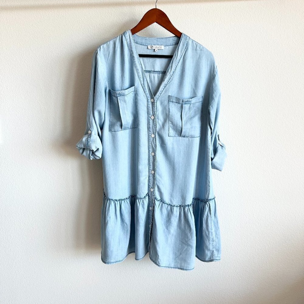 Cezele Chambray Light Blue Long Sleeve Button Down Ruffle Hem Mini Dress